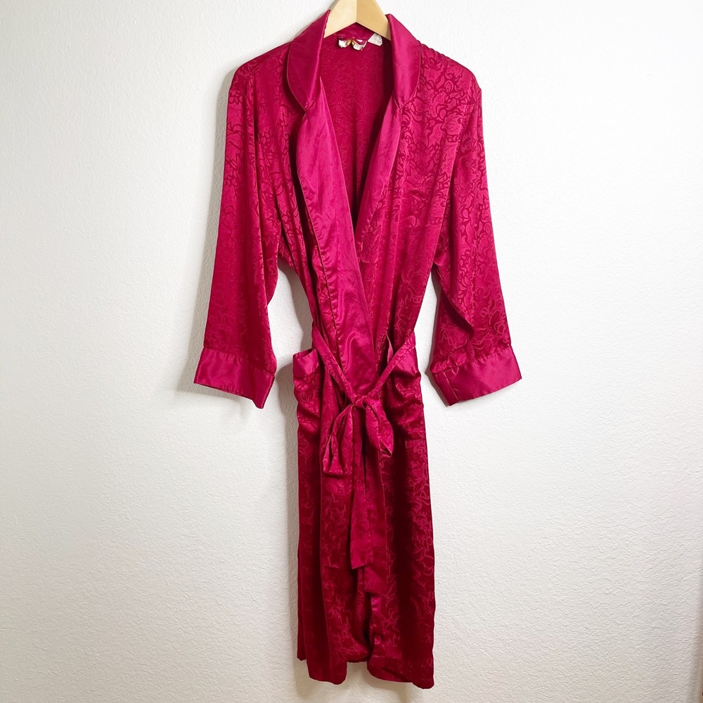Vintage Victorias Secret Gold Label Satin Floral Jacquard Robe Magenta P/S 70091